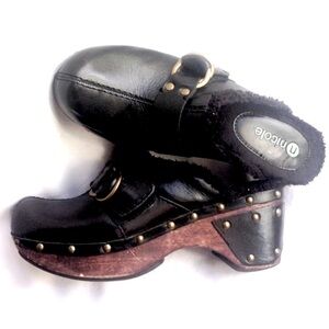 Black Leather Stud Clogs w/ Faux Fur